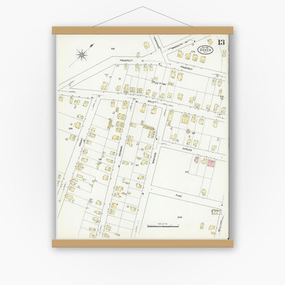 Old map wall art mockup — magnetic wood frame on white wall — Sanborn Fire Insurance Map from Dover, Morris County, New Jersey (1909), Sheet #0013