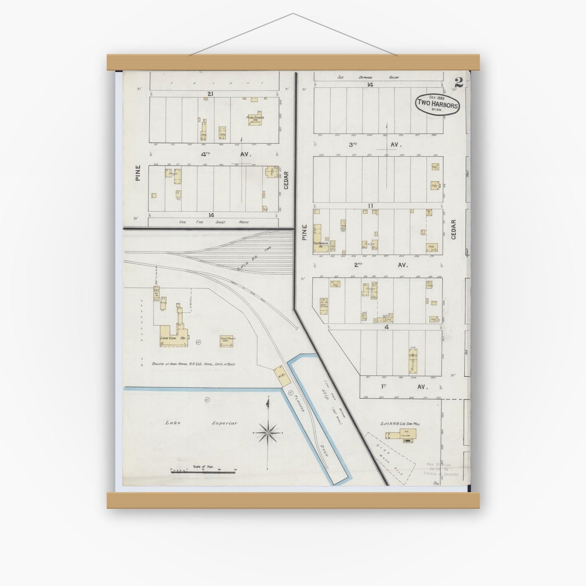 Old map wall art mockup — magnetic wood frame on white wall — Sanborn Fire Insurance Map from Two Harbors, Lake County, Minnesota (1888), Sheet #0002