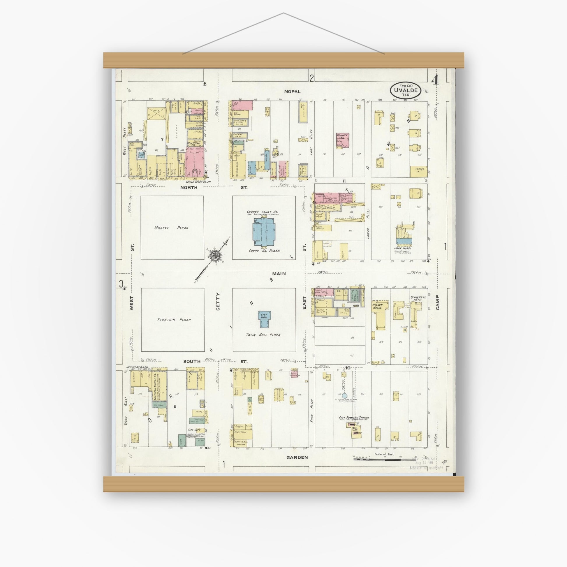 Old map wall art mockup — magnetic wood frame on white wall — Sanborn Fire Insurance Map from Uvalde, Uvalde County, Texas (1910), Sheet #0004