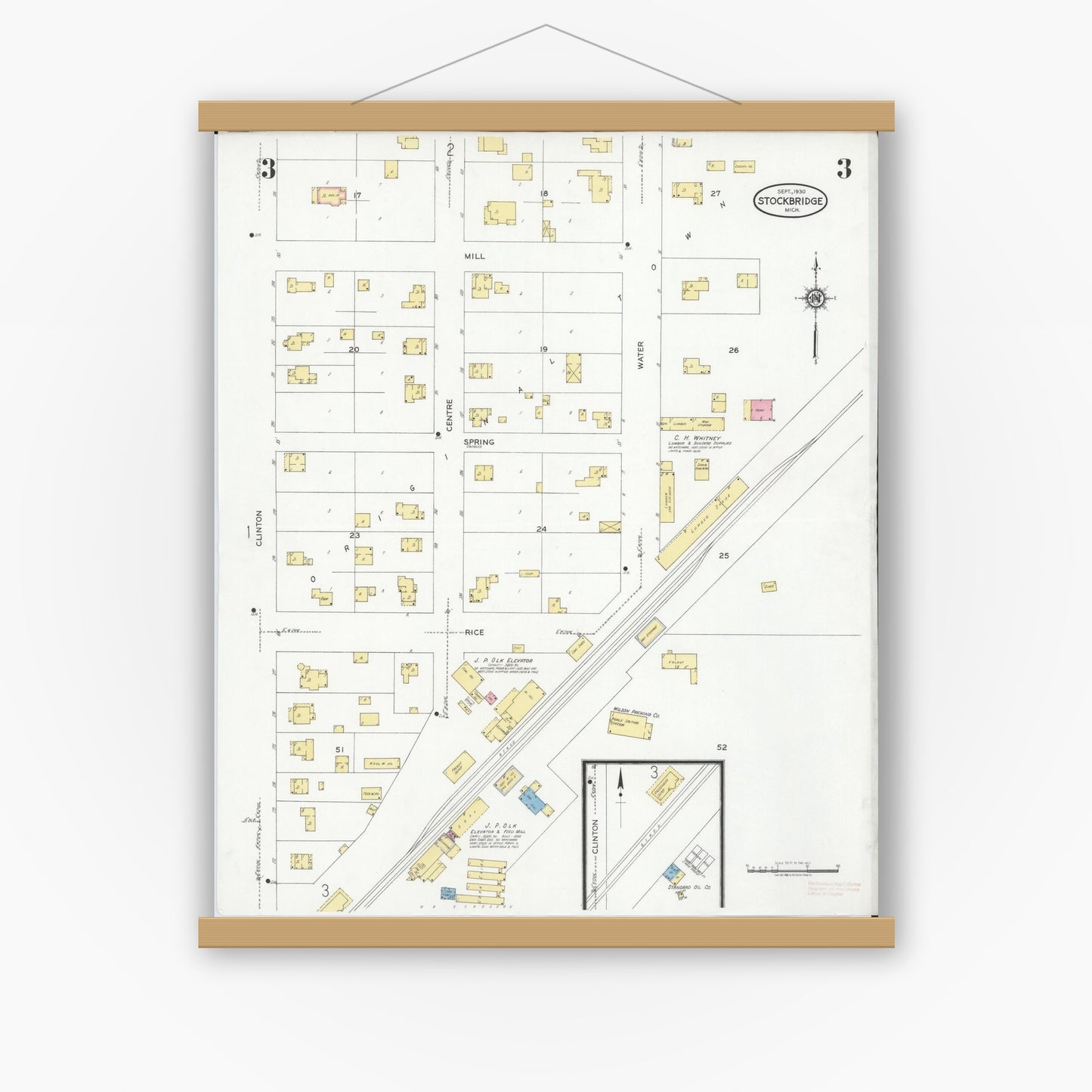 Old map wall art mockup — magnetic wood frame on white wall — Sanborn Fire Insurance Map from Stockbridge, Ingham County, Michigan (1930), Sheet #0003