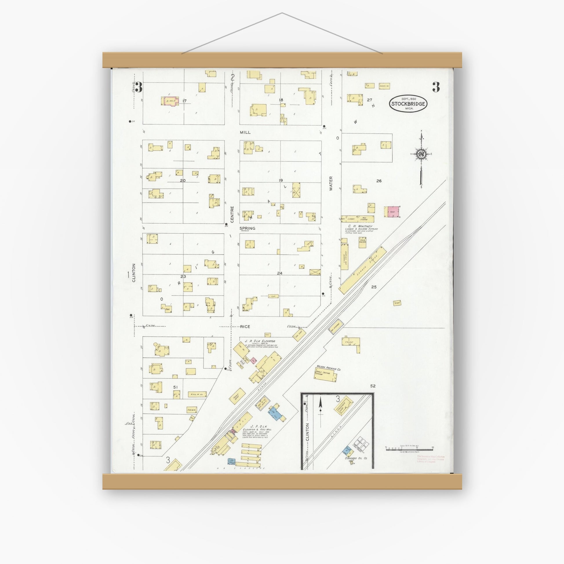 Old map wall art mockup — magnetic wood frame on white wall — Sanborn Fire Insurance Map from Stockbridge, Ingham County, Michigan (1930), Sheet #0003