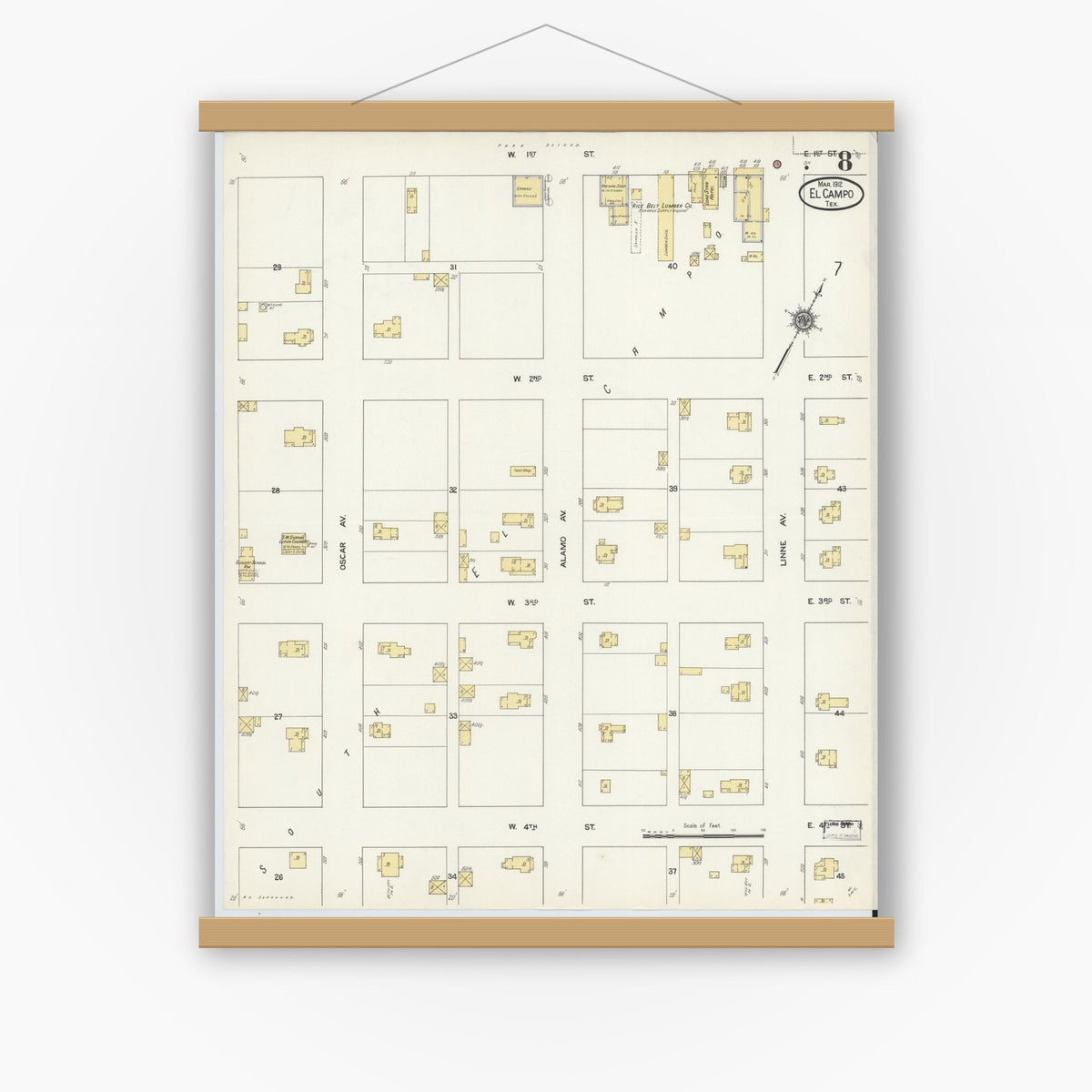 Old map wall art mockup — magnetic wood frame on white wall — Sanborn Fire Insurance Map from El Campo, Wharton County, Texas (1912), Sheet #0008