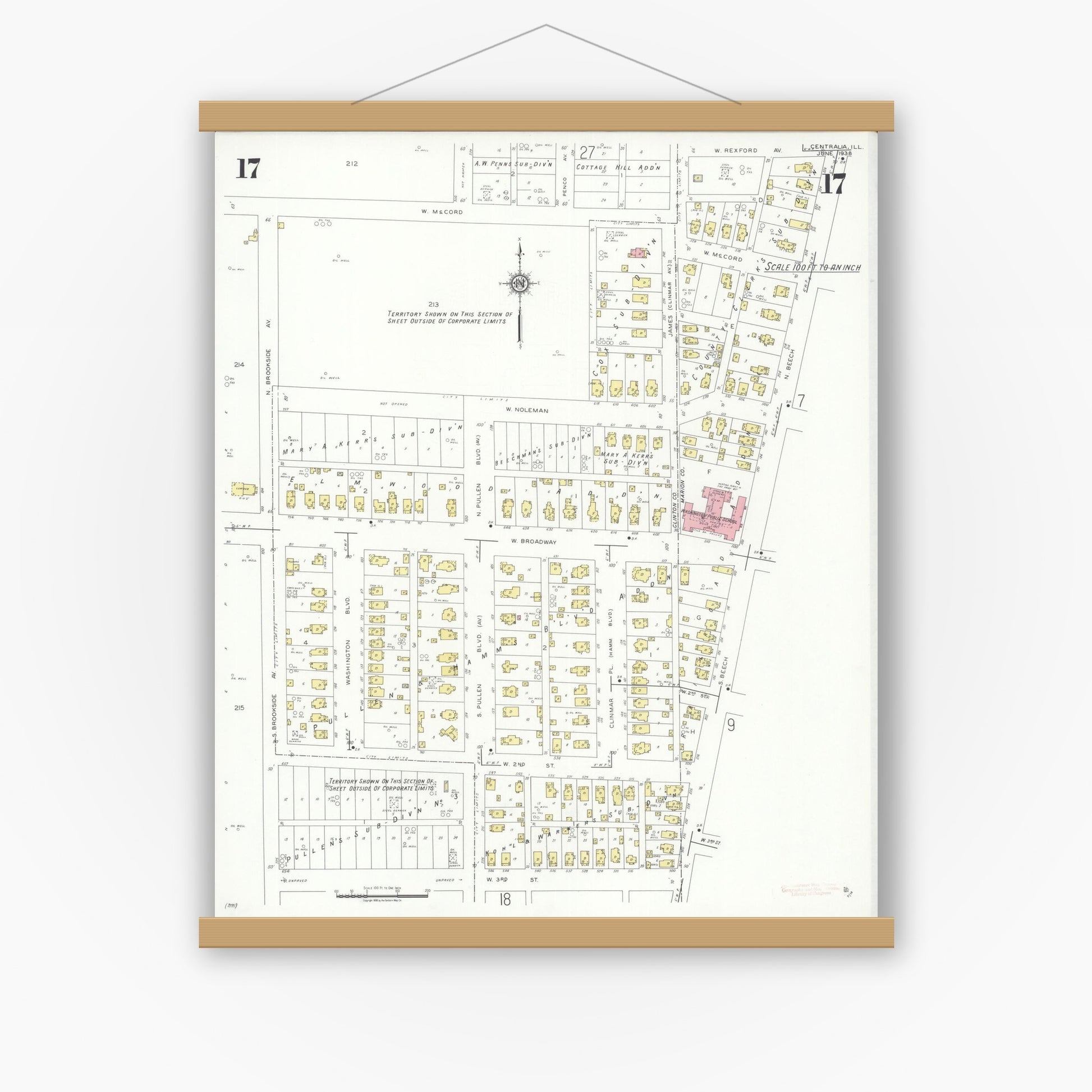 Old map wall art mockup — magnetic wood frame on white wall — Sanborn Fire Insurance Map from Centralia, Marion, Clinton, Jefferson, and Washington Counties, Illinois (1938), Sheet #0017