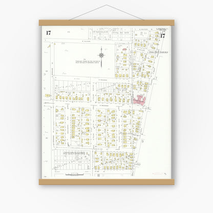 Old map wall art mockup — magnetic wood frame on white wall — Sanborn Fire Insurance Map from Centralia, Marion, Clinton, Jefferson, and Washington Counties, Illinois (1938), Sheet #0017