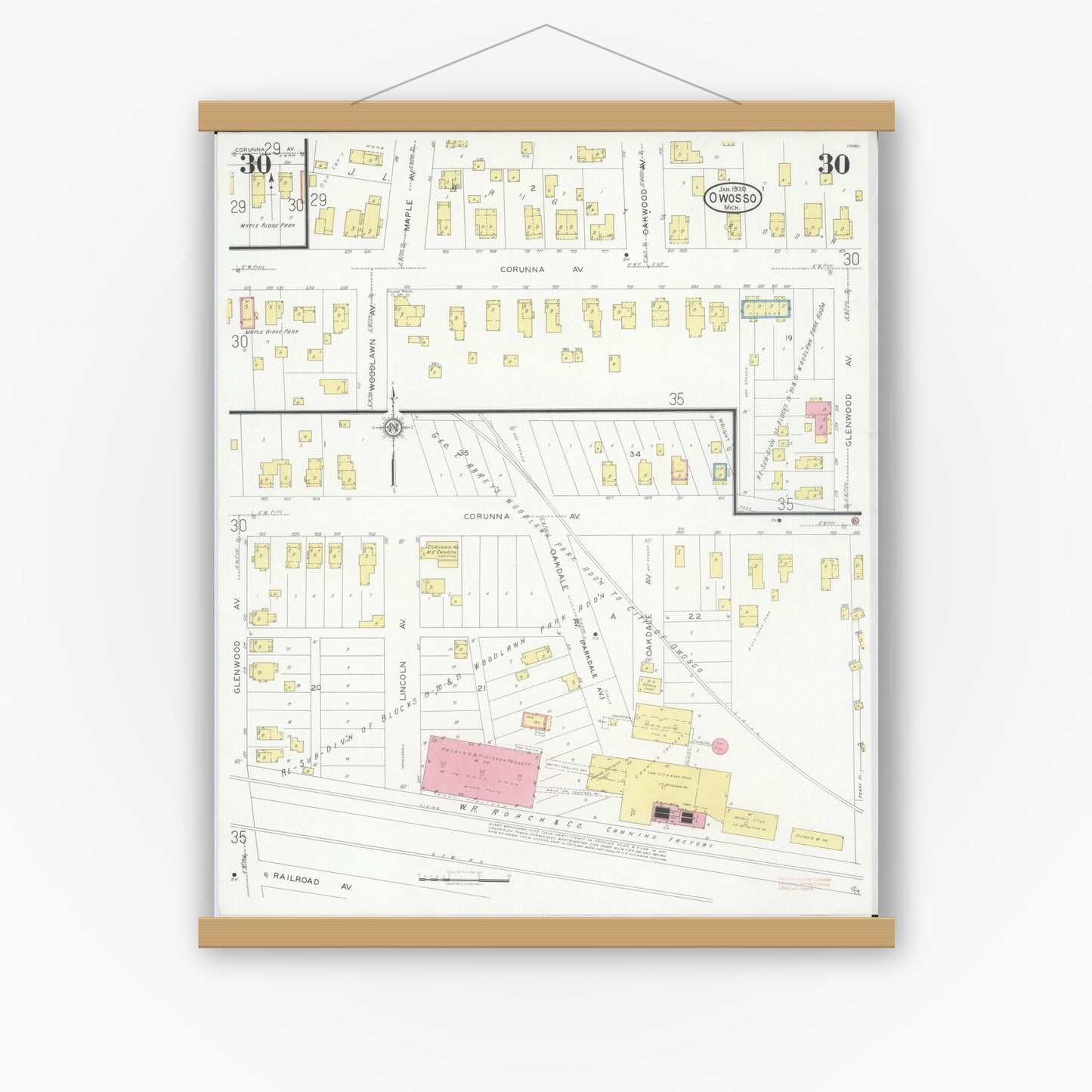 Old map wall art mockup — magnetic wood frame on white wall — Sanborn Fire Insurance Map from Owosso, Shiawassee County, Michigan (1930), Sheet #0030