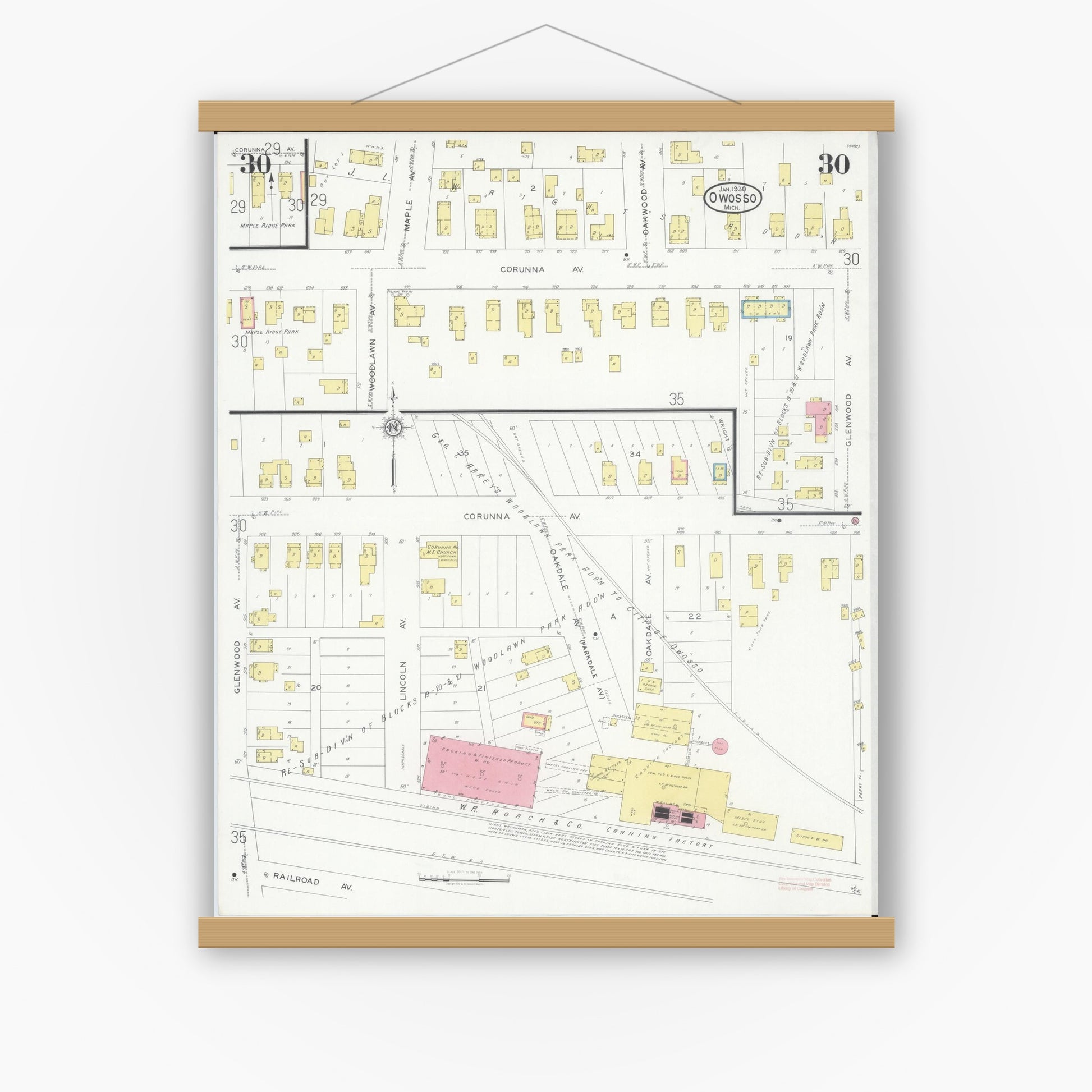 Old map wall art mockup — magnetic wood frame on white wall — Sanborn Fire Insurance Map from Owosso, Shiawassee County, Michigan (1930), Sheet #0030