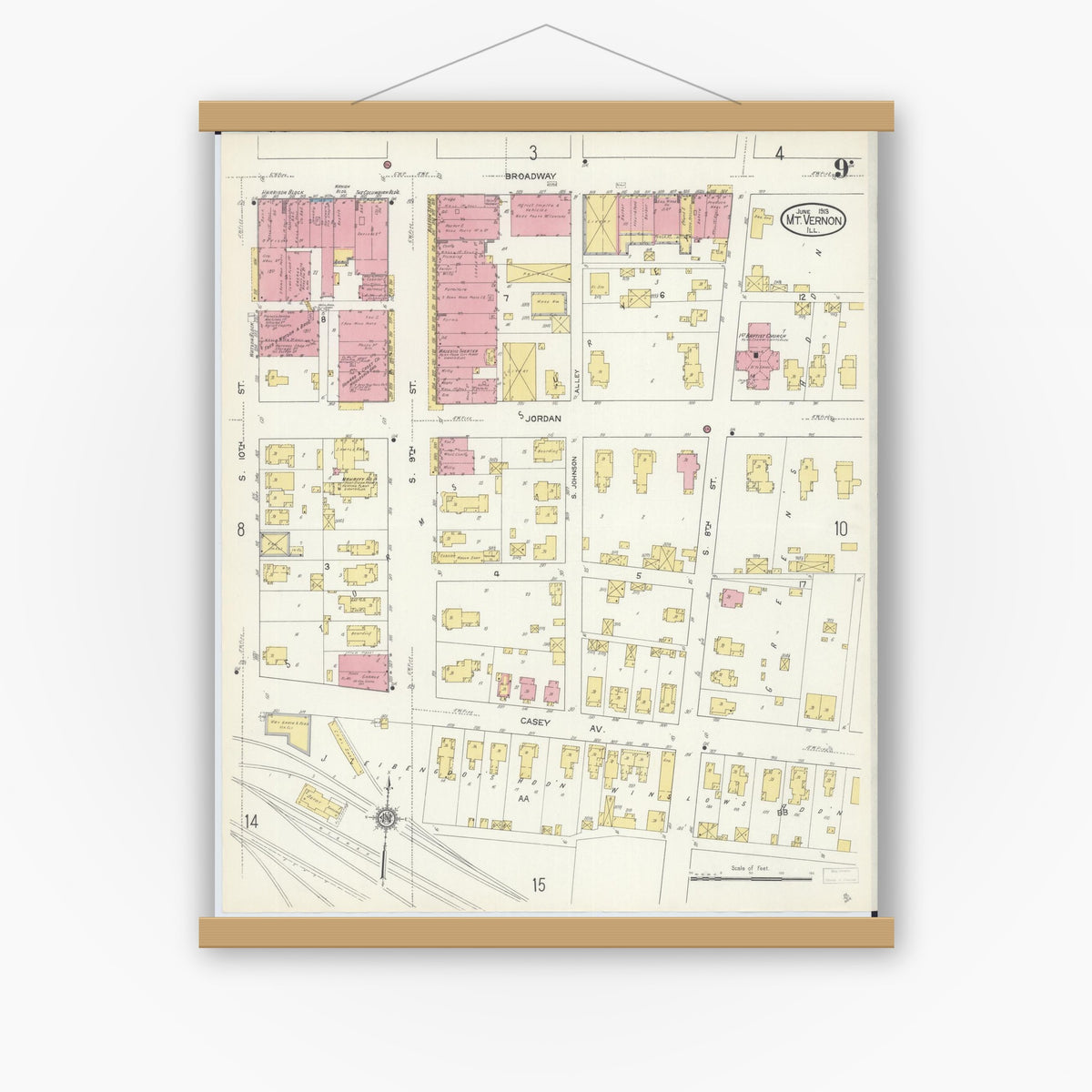 Old map wall art mockup — magnetic wood frame on white wall — Sanborn Fire Insurance Map from Mount Vernon, Jefferson County, Illinois (1913), Sheet #0009