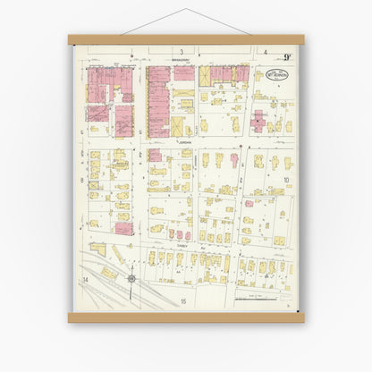 Old map wall art mockup — magnetic wood frame on white wall — Sanborn Fire Insurance Map from Mount Vernon, Jefferson County, Illinois (1913), Sheet #0009