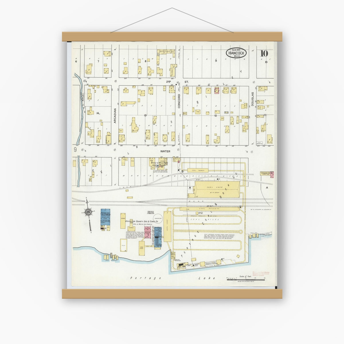 Old map wall art mockup — magnetic wood frame on white wall — Sanborn Fire Insurance Map from Hancock, Houghton County, Michigan (1917), Sheet #0010