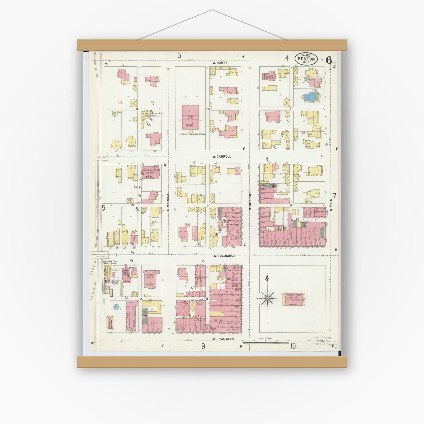 Old map wall art mockup — magnetic wood frame on white wall — Sanborn Fire Insurance Map from Kenton, Hardin County, Ohio (1902), Sheet #0006