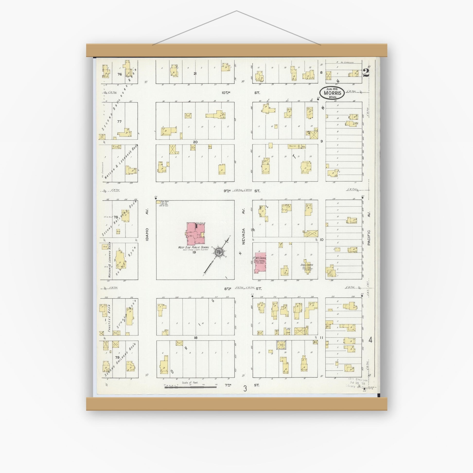 Old map wall art mockup — magnetic wood frame on white wall — Sanborn Fire Insurance Map from Morris, Stevens County, Minnesota (1915), Sheet #0002