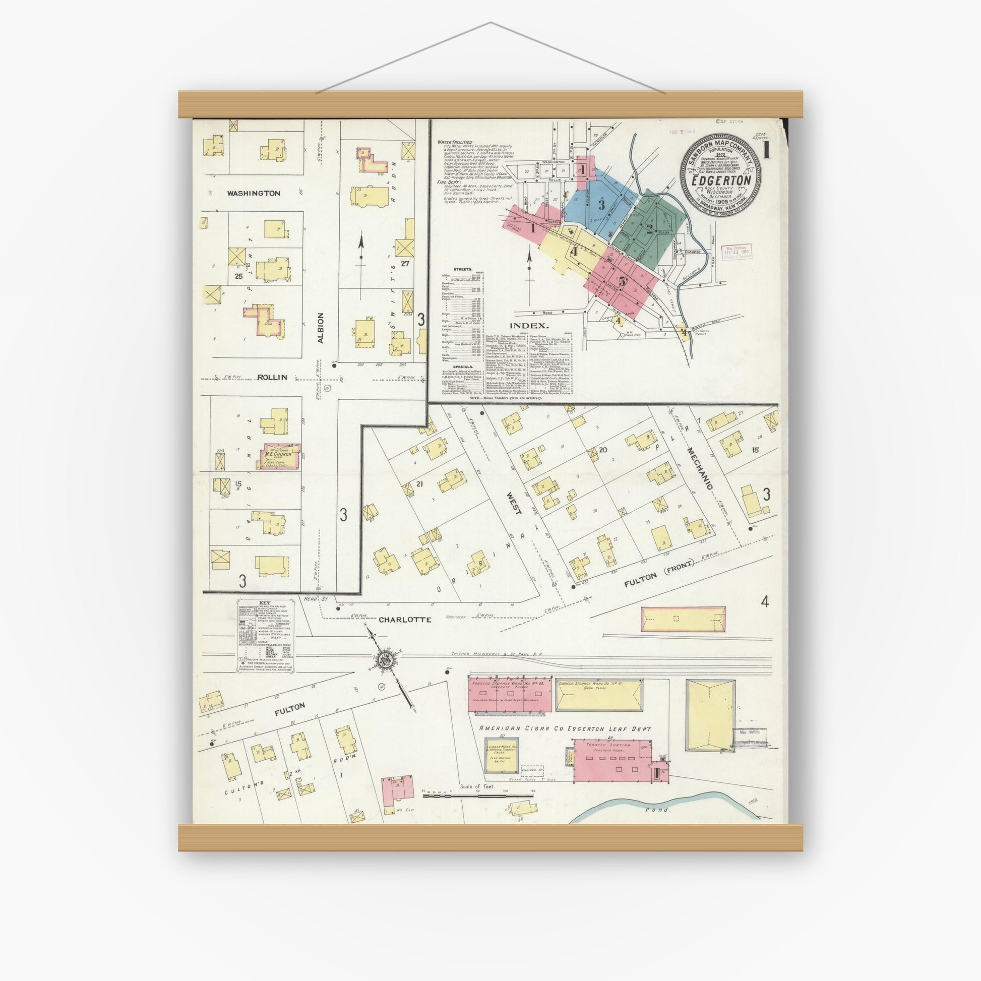 Old map wall art mockup — magnetic wood frame on white wall — Sanborn Fire Insurance Map from Edgerton, Rock County, Wisconsin (1909) - Complete Map Set
