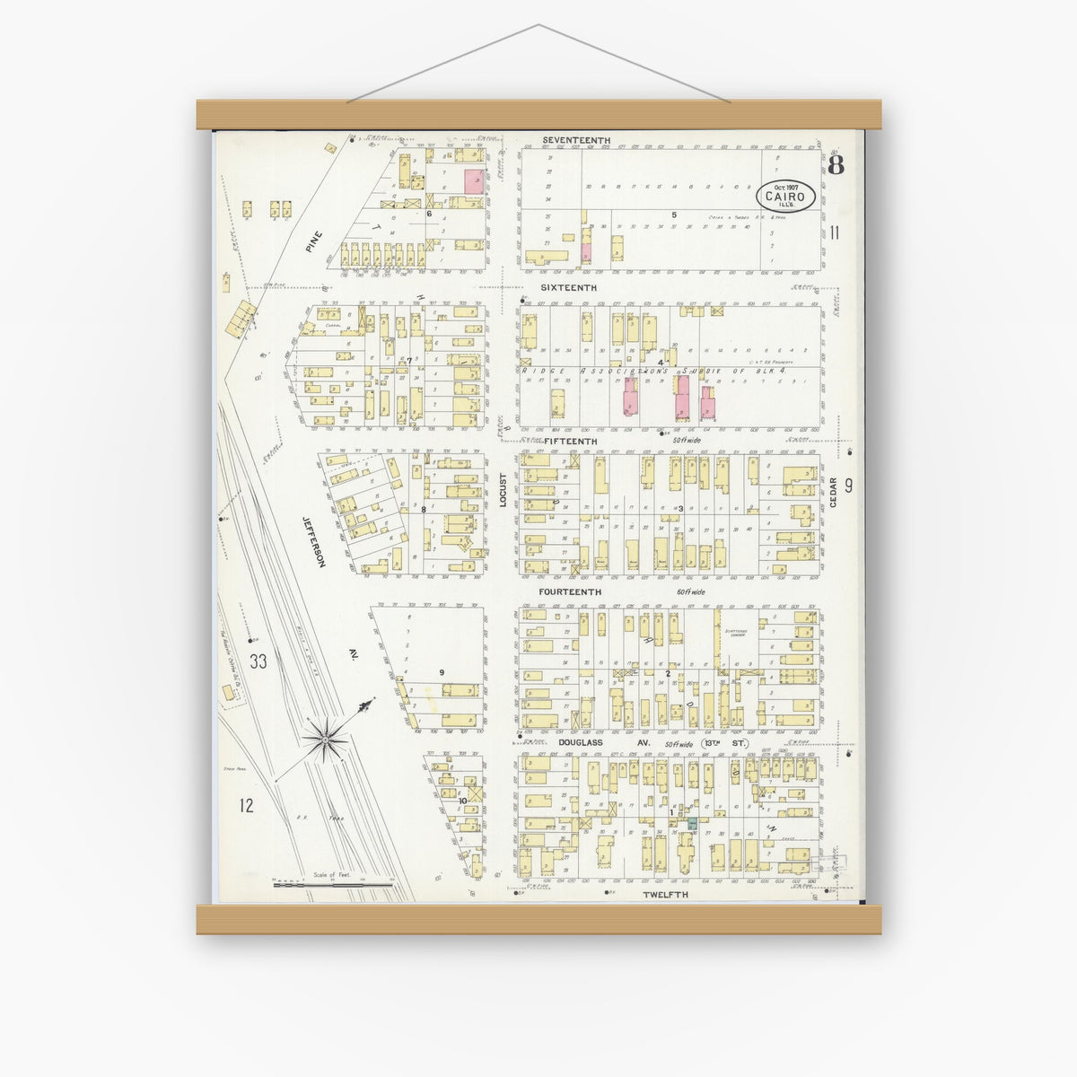 Old map wall art mockup — magnetic wood frame on white wall — Sanborn Fire Insurance Map from Cairo, Alexander County, Illinois (1907), Sheet #0008