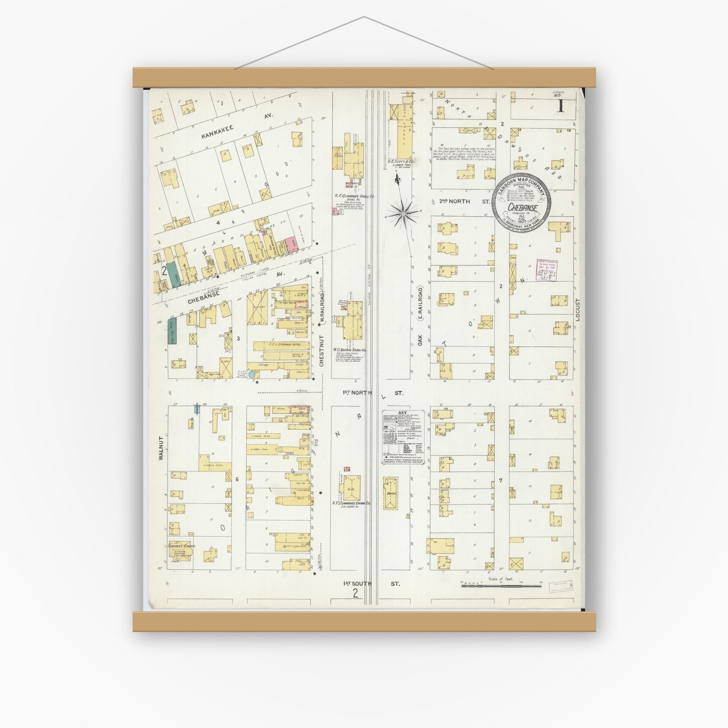 Old map wall art mockup — magnetic wood frame on white wall — Sanborn Fire Insurance Map from Chebanse, Iroquois And Kankakee County, Illinois (1907), Sheet #0001