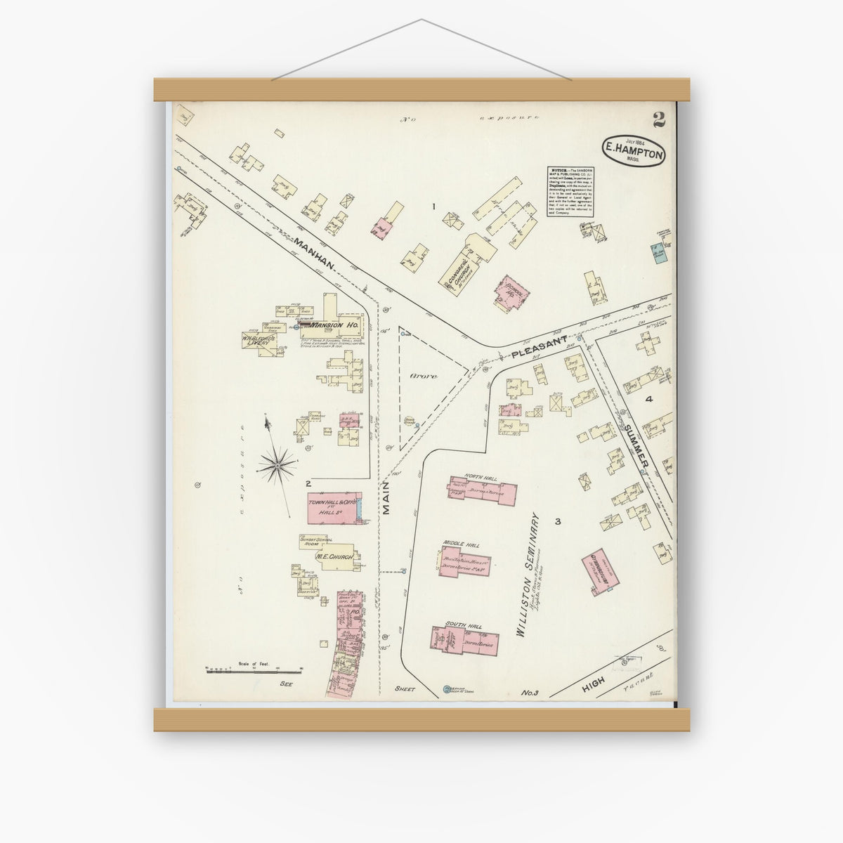 Old map wall art mockup — magnetic wood frame on white wall — Sanborn Fire Insurance Map from East Hampton, Hampshire County, Massachusetts (1884), Sheet #0002