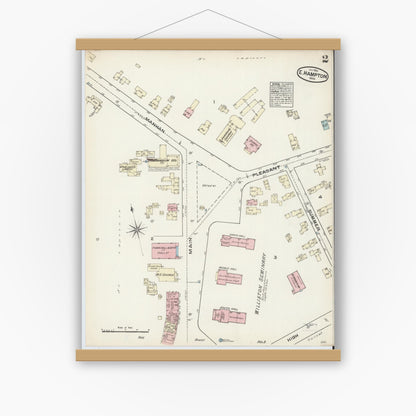Old map wall art mockup — magnetic wood frame on white wall — Sanborn Fire Insurance Map from East Hampton, Hampshire County, Massachusetts (1884), Sheet #0002