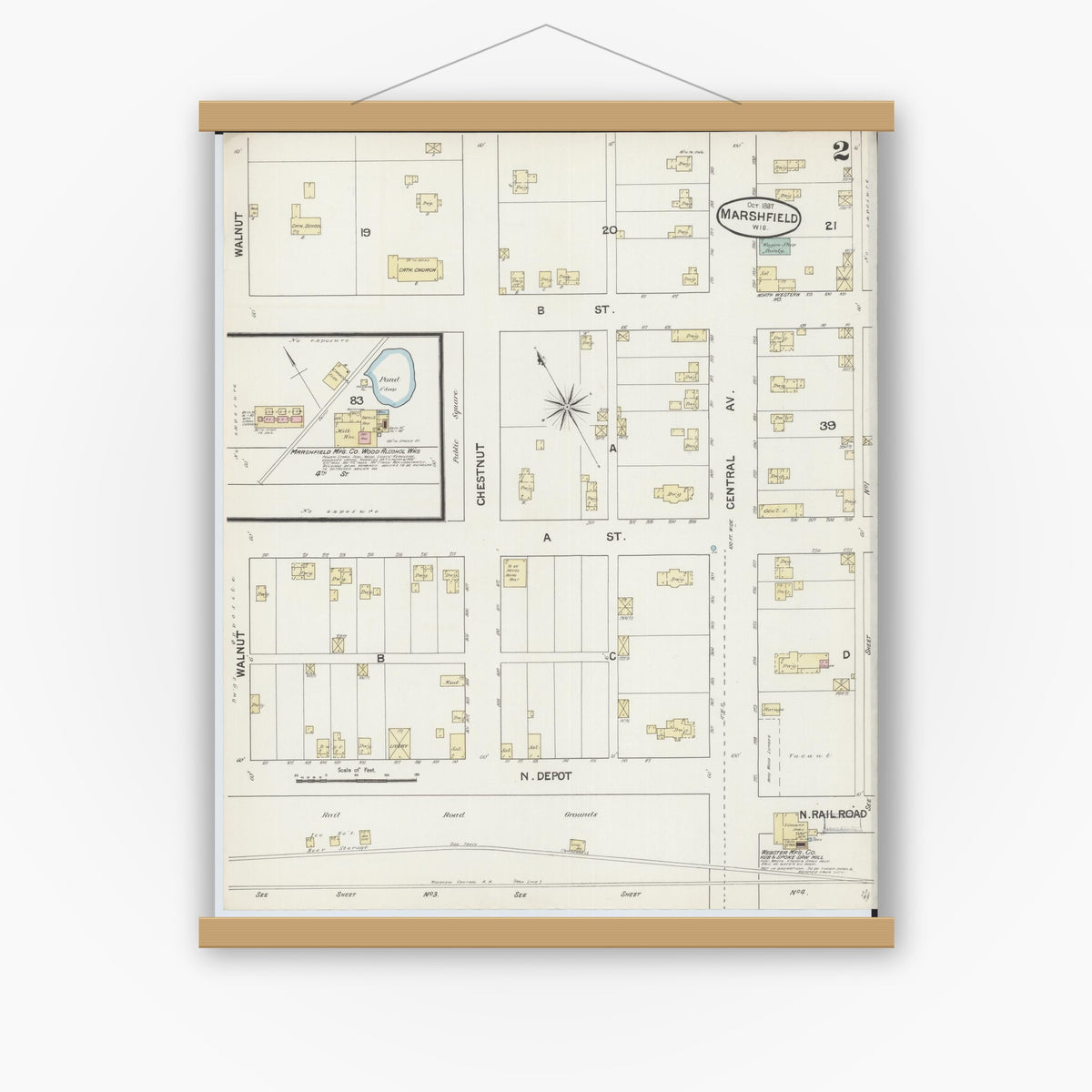 Old map wall art mockup — magnetic wood frame on white wall — Sanborn Fire Insurance Map from Marshfield, Wood County, Wisconsin (1887), Sheet #0002