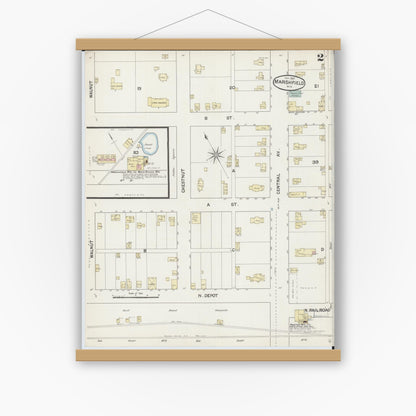 Old map wall art mockup — magnetic wood frame on white wall — Sanborn Fire Insurance Map from Marshfield, Wood County, Wisconsin (1887), Sheet #0002