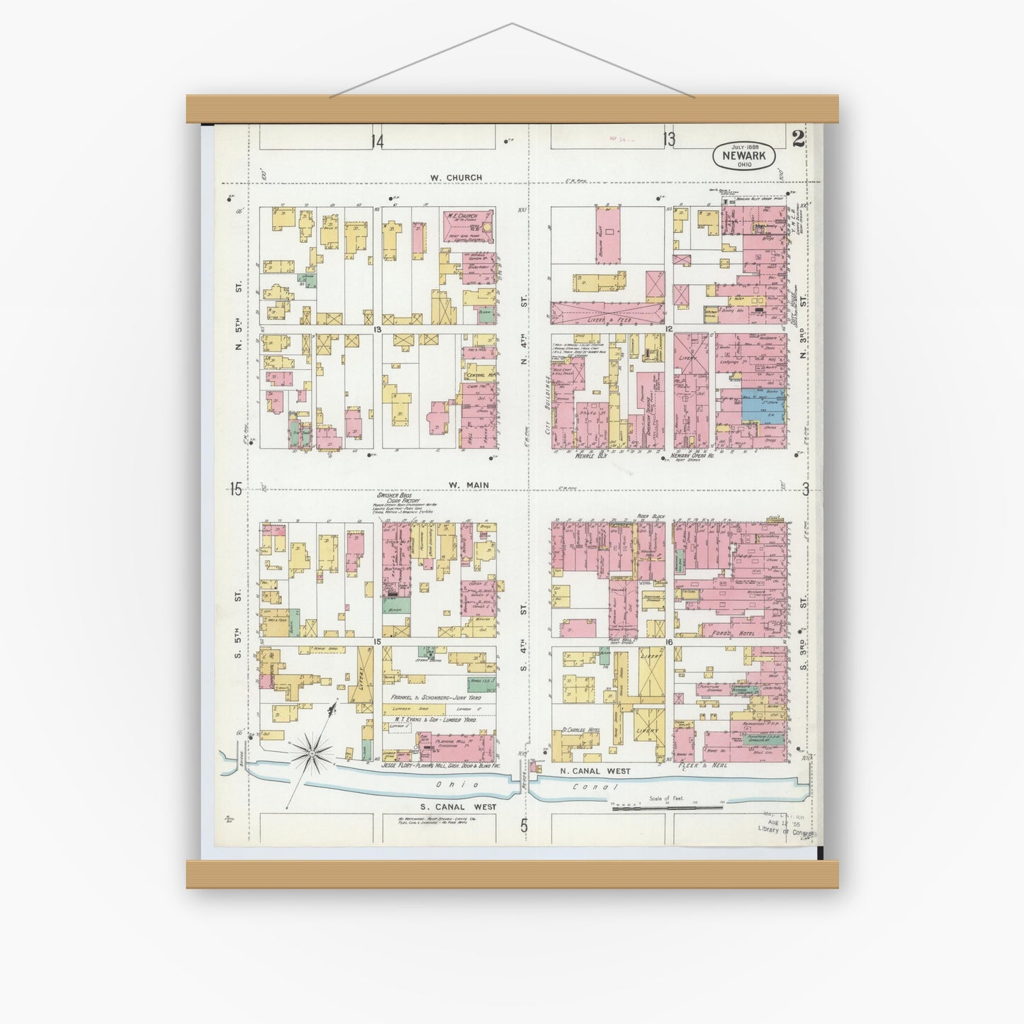 Old map wall art mockup — magnetic wood frame on white wall — Sanborn Fire Insurance Map from Newark, Licking County, Ohio (1899), Sheet #0002