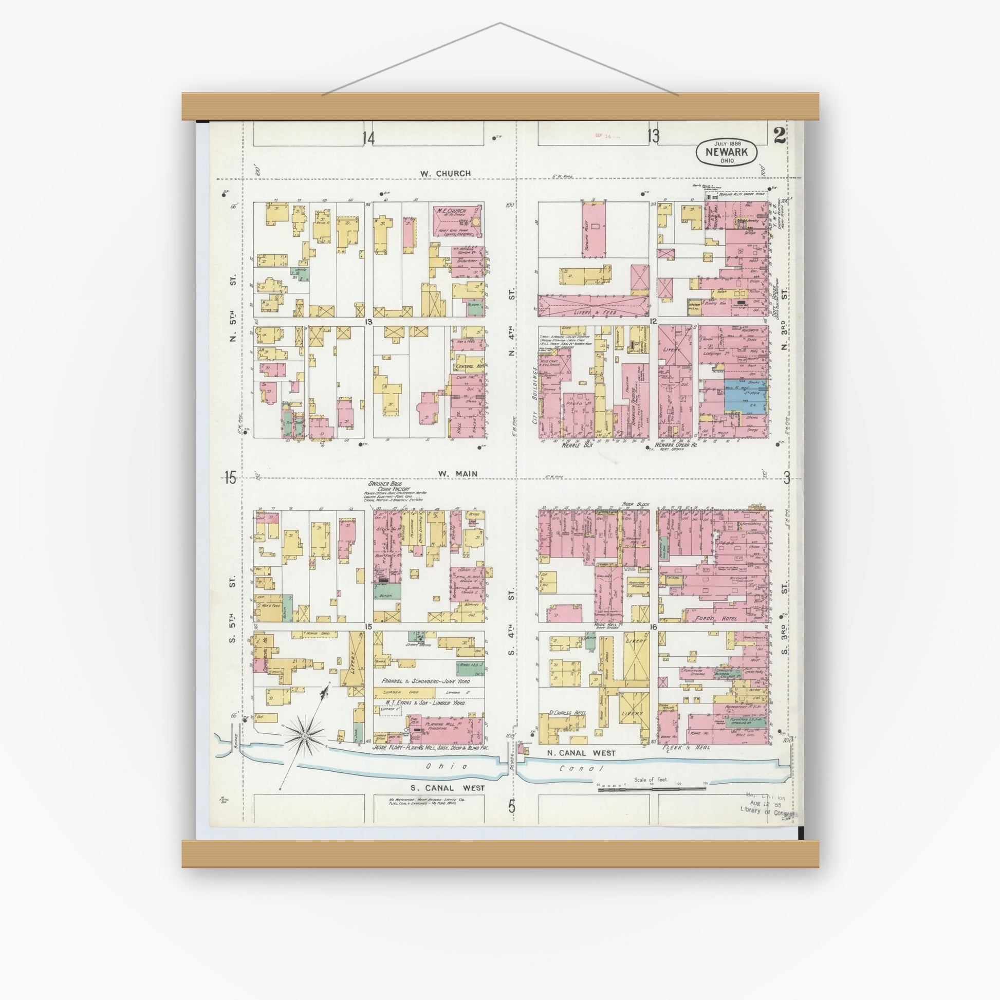 Old map wall art mockup — magnetic wood frame on white wall — Sanborn Fire Insurance Map from Newark, Licking County, Ohio (1899), Sheet #0002