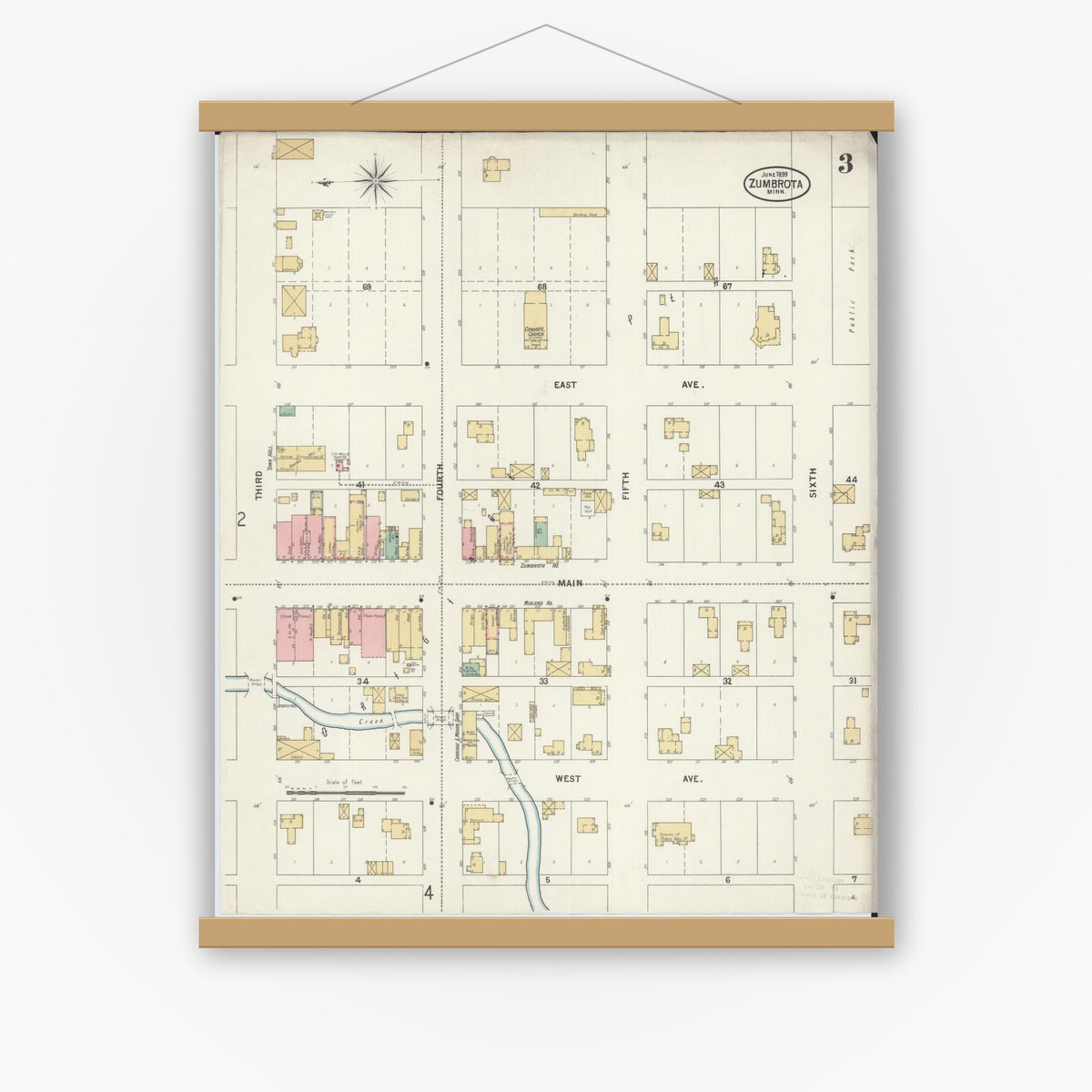 Old map wall art mockup — magnetic wood frame on white wall — Sanborn Fire Insurance Map from Zumbrota, Goodhue County, Minnesota (1899), Sheet #0003