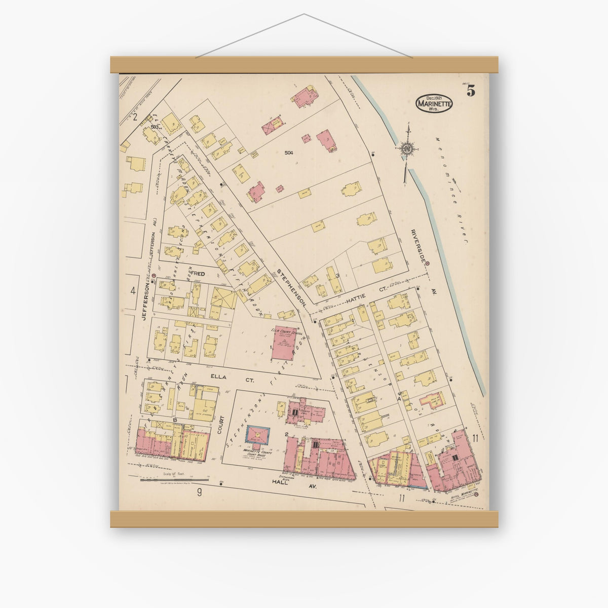 Old map wall art mockup — magnetic wood frame on white wall — Sanborn Fire Insurance Map from Marinette, Marinette County, Wisconsin (1921), Sheet #0005