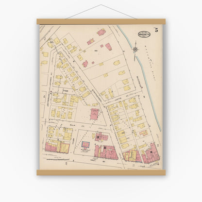 Old map wall art mockup — magnetic wood frame on white wall — Sanborn Fire Insurance Map from Marinette, Marinette County, Wisconsin (1921), Sheet #0005