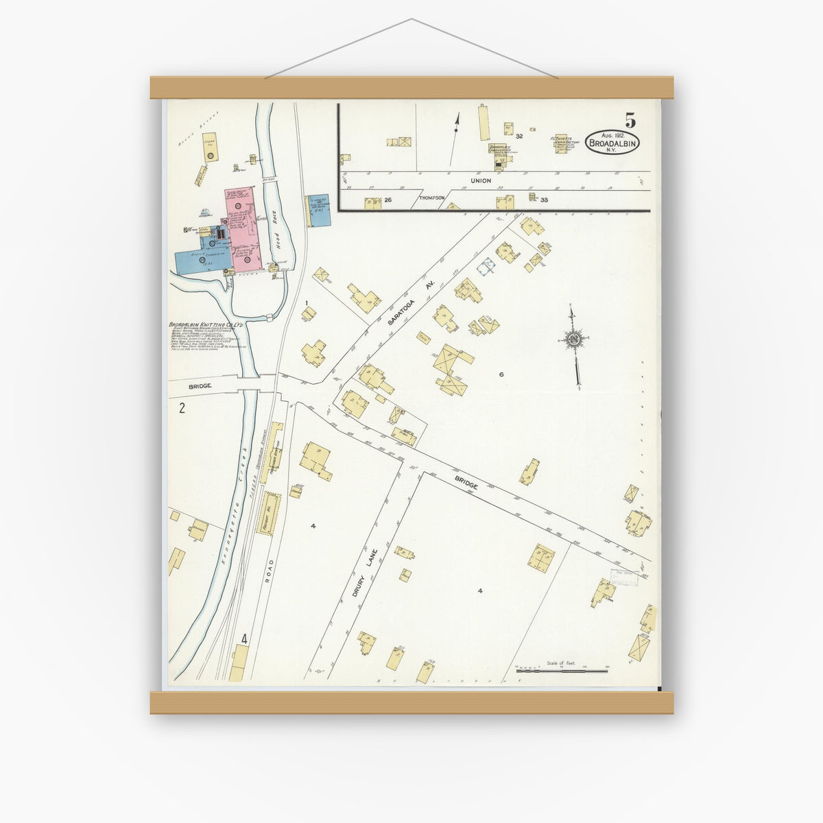 Old map wall art mockup — magnetic wood frame on white wall — Sanborn Fire Insurance Map from Broadalbin, Fulton County, New York (1912), Sheet #0005