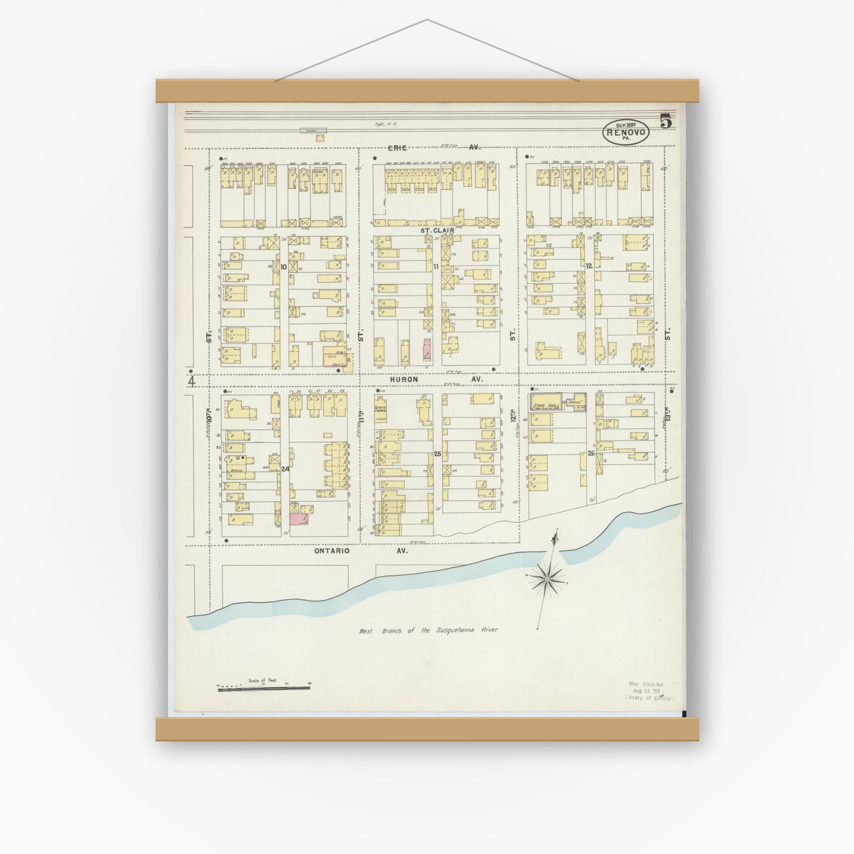 Old map wall art mockup — magnetic wood frame on white wall — Sanborn Fire Insurance Map from Renovo, Clinton County, Pennsylvania (1897), Sheet #0005