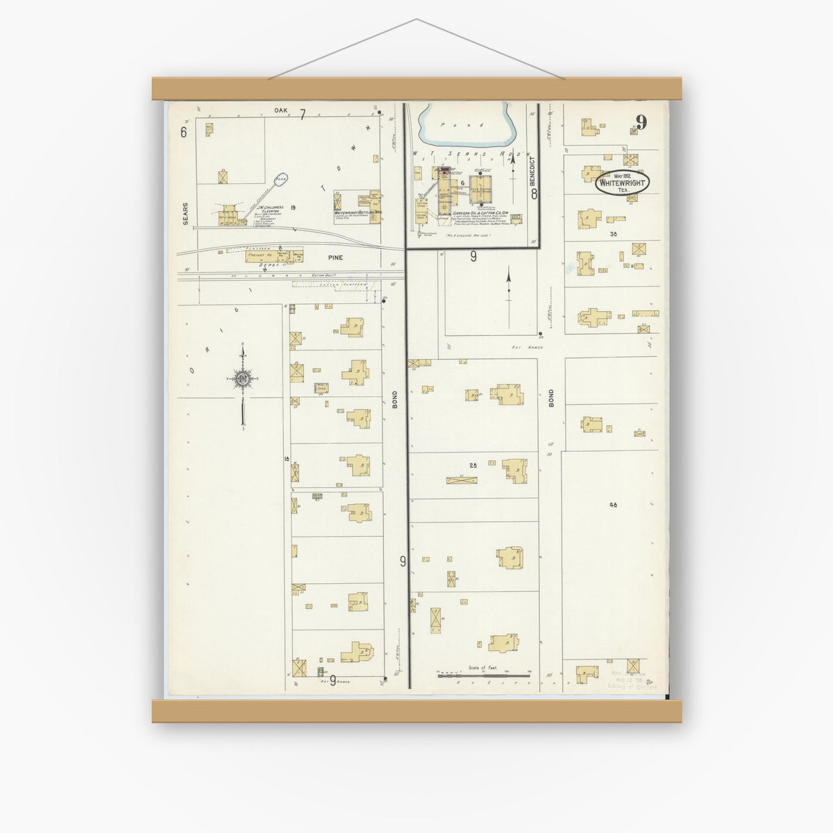 Old map wall art mockup — magnetic wood frame on white wall — Sanborn Fire Insurance Map from Whitewright, Grayson County, Texas (1912), Sheet #0009