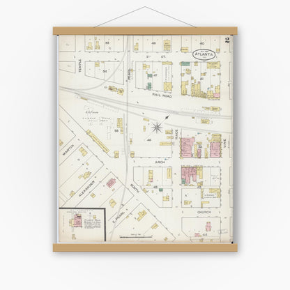 Old map wall art mockup — magnetic wood frame on white wall — Sanborn Fire Insurance Map from Atlanta, Logan County, Illinois (1887), Sheet #0002