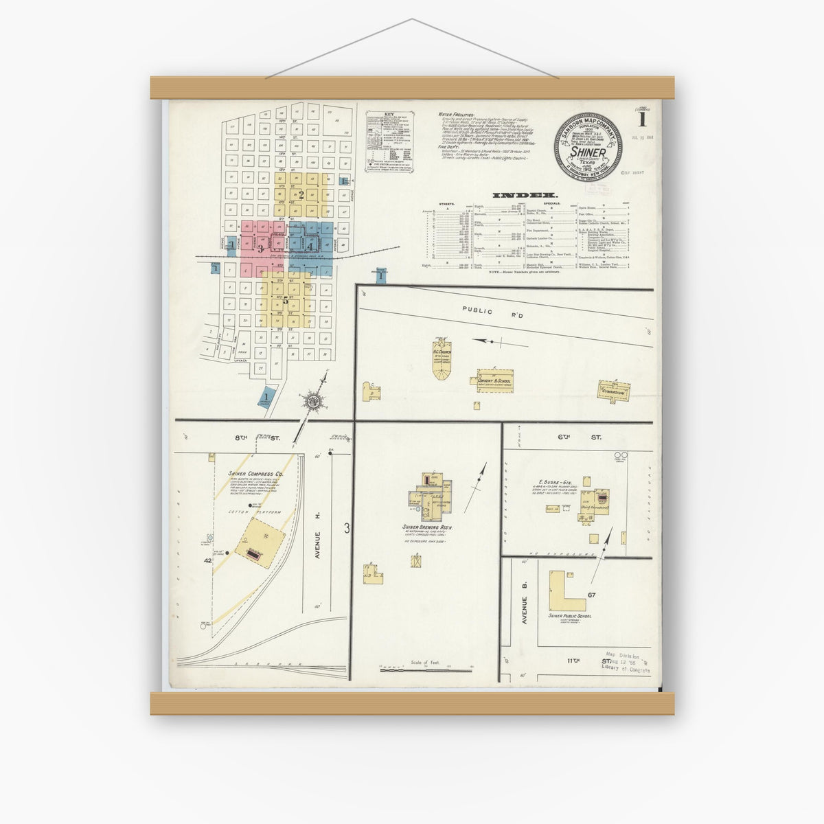 Old map wall art mockup — magnetic wood frame on white wall — Sanborn Fire Insurance Map from Shiner, Lavaca County, Texas (1912), Sheet #0001
