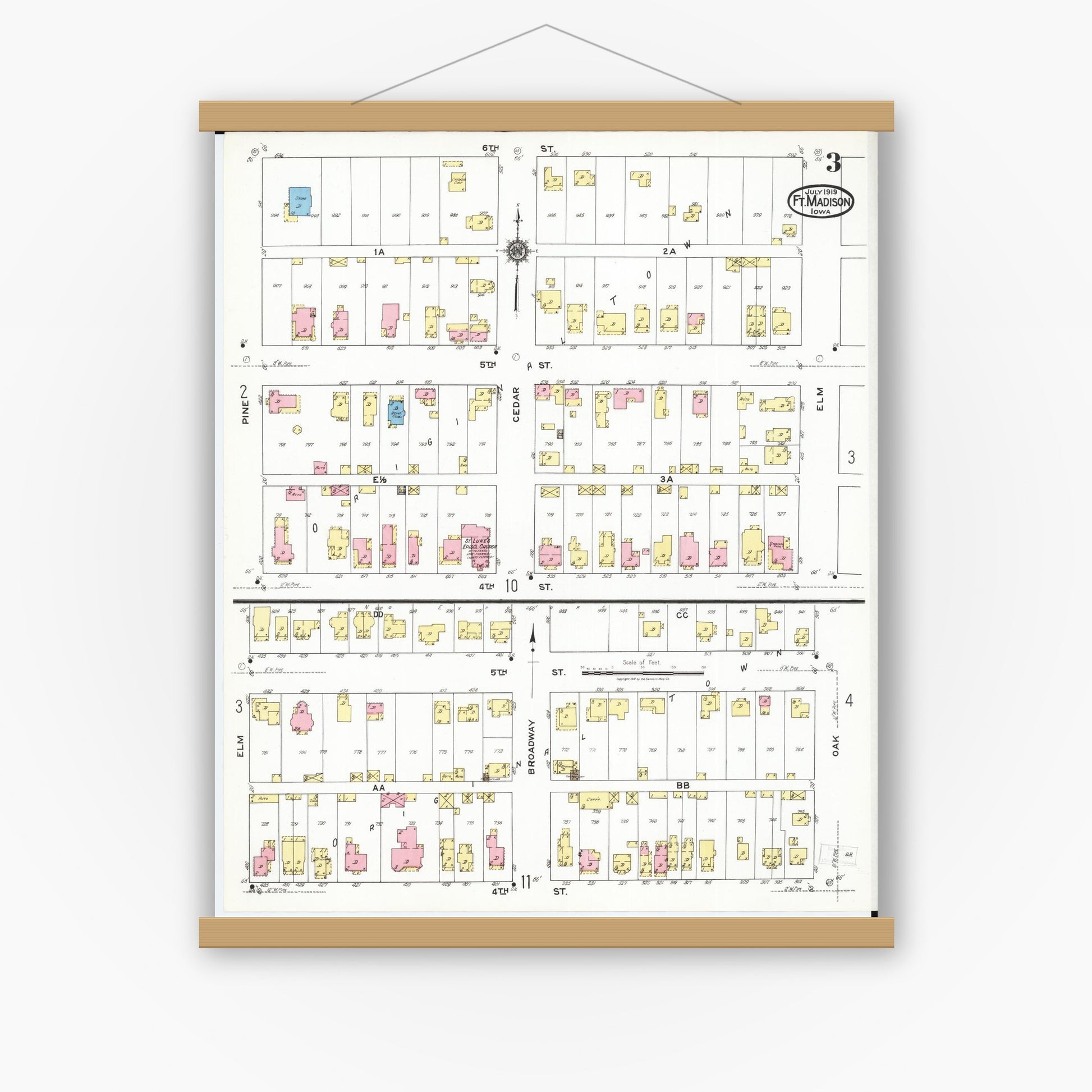 Old map wall art mockup — magnetic wood frame on white wall — Sanborn Fire Insurance Map from Fort Madison, Lee County, Iowa (1919), Sheet #0003