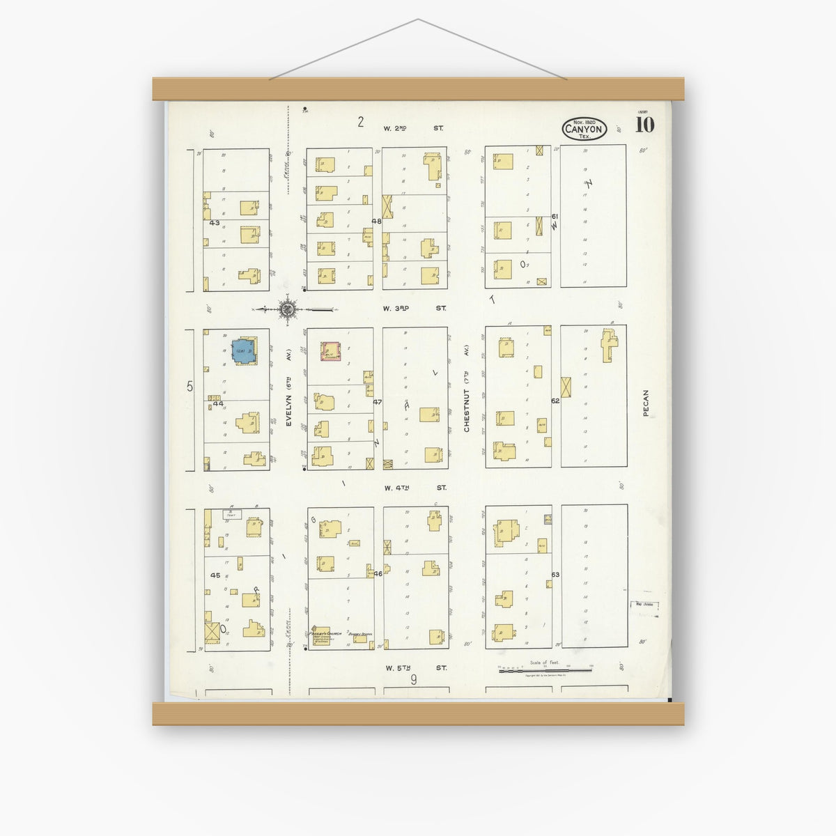 Old map wall art mockup — magnetic wood frame on white wall — Sanborn Fire Insurance Map from Canyon, Randall County, Texas (1920), Sheet #0010