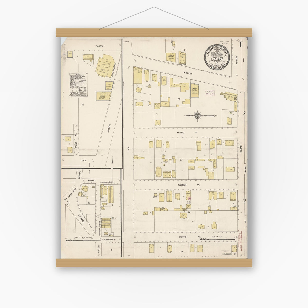 Old map wall art mockup — magnetic wood frame on white wall — Sanborn Fire Insurance Map from Colma, San Mateo County, California (1915), Sheet #0001
