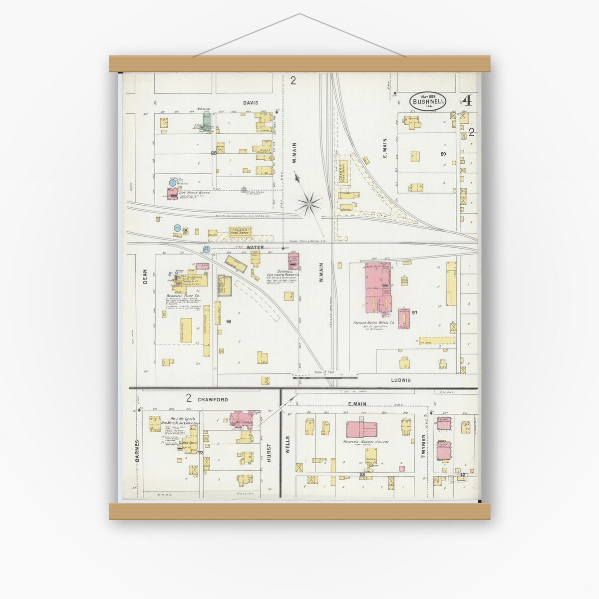 Old map wall art mockup — magnetic wood frame on white wall — Sanborn Fire Insurance Map from Bushnell, Mcdonough County, Illinois (1898), Sheet #0004
