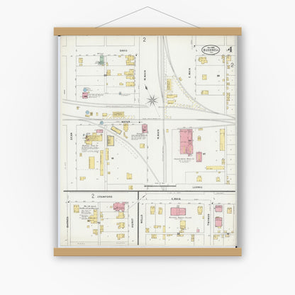 Old map wall art mockup — magnetic wood frame on white wall — Sanborn Fire Insurance Map from Bushnell, Mcdonough County, Illinois (1898), Sheet #0004