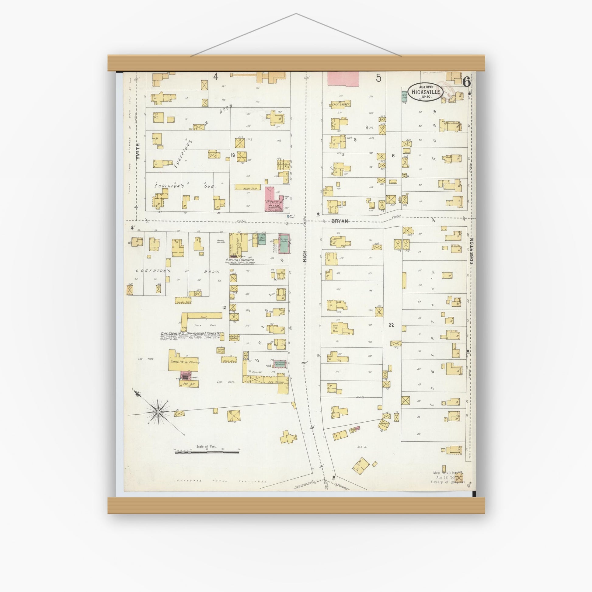 Old map wall art mockup — magnetic wood frame on white wall — Sanborn Fire Insurance Map from Hicksville, Defiance County, Ohio (1899), Sheet #0006