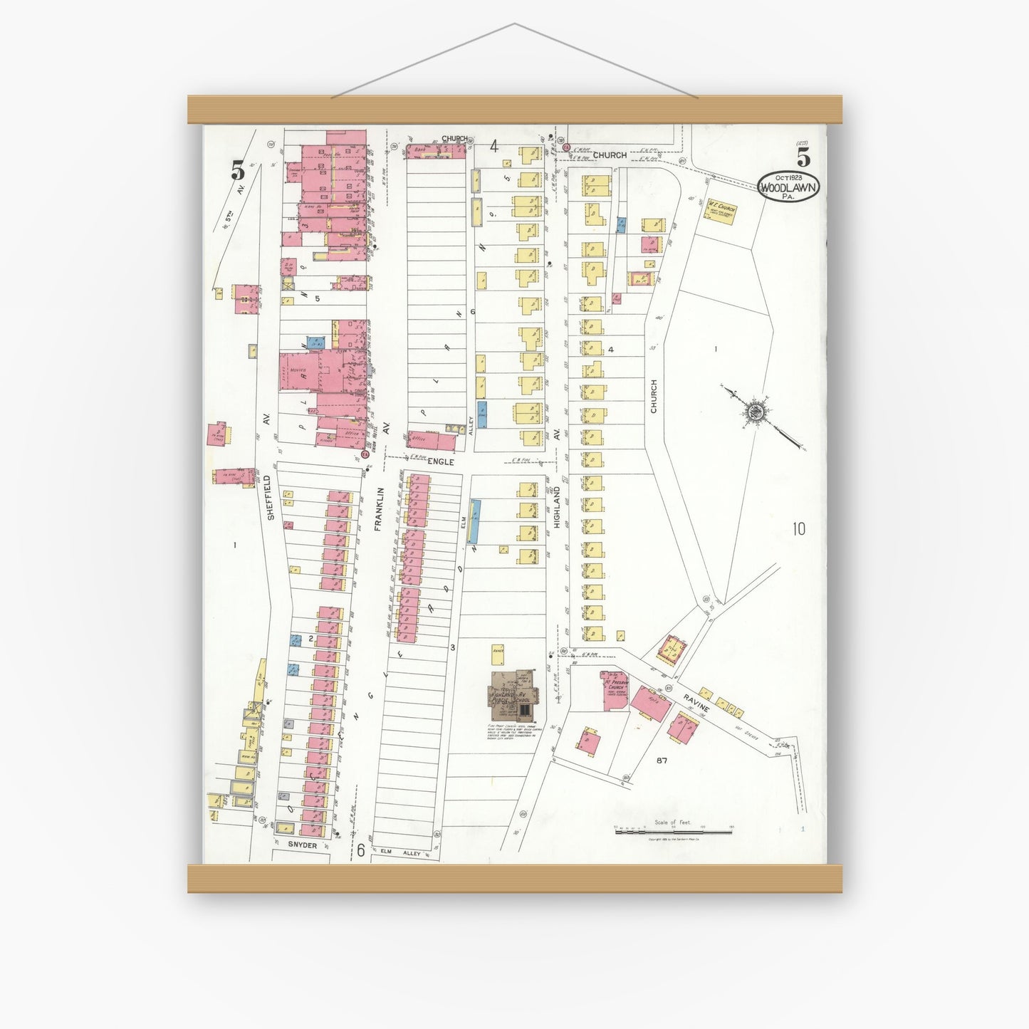 Old map wall art mockup — magnetic wood frame on white wall — Sanborn Fire Insurance Map from Woodlawn, Beaver County, Pennsylvania (1923), Sheet #0005