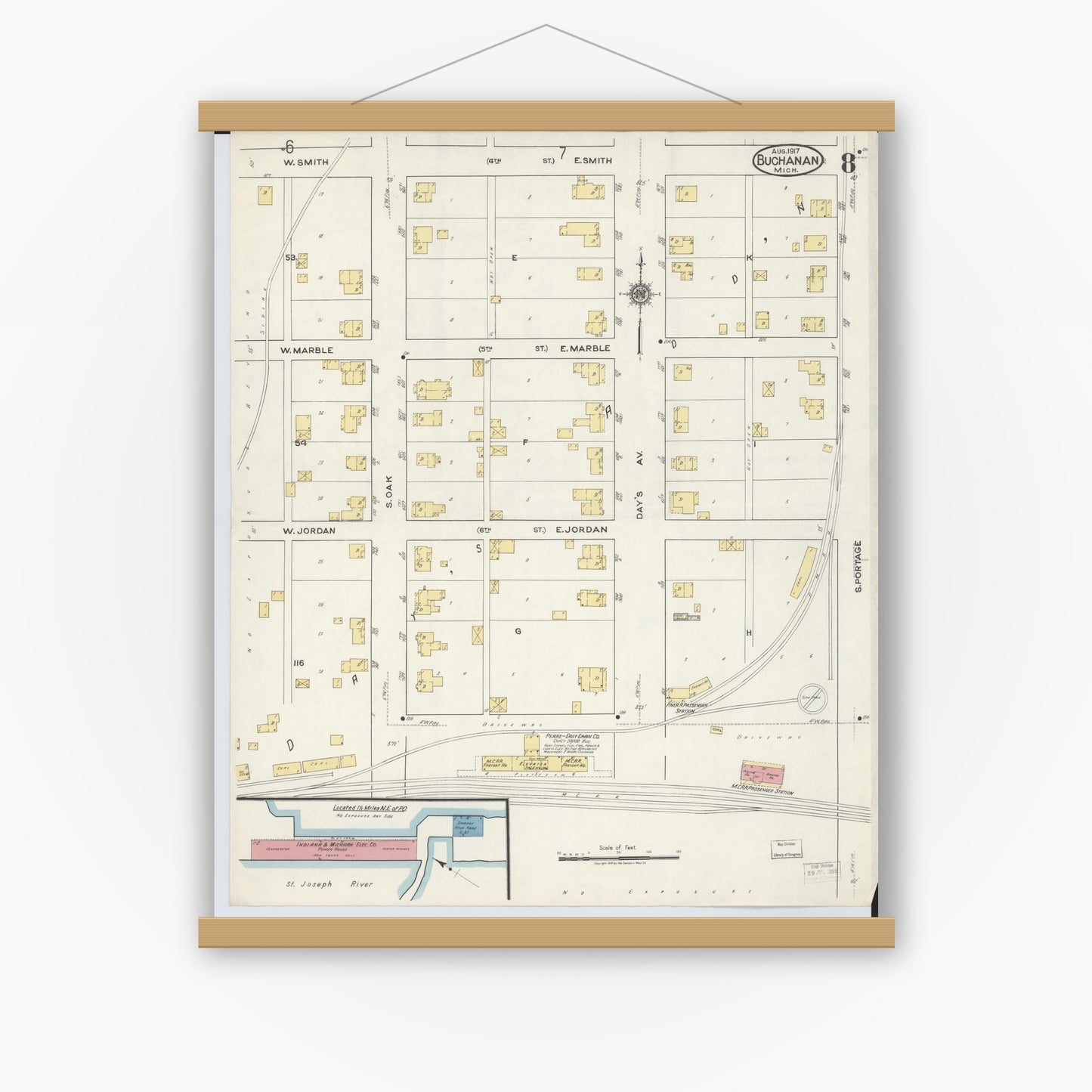 Old map wall art mockup — magnetic wood frame on white wall — Sanborn Fire Insurance Map from Buchanan, Berrien County, Michigan (1917), Sheet #0008