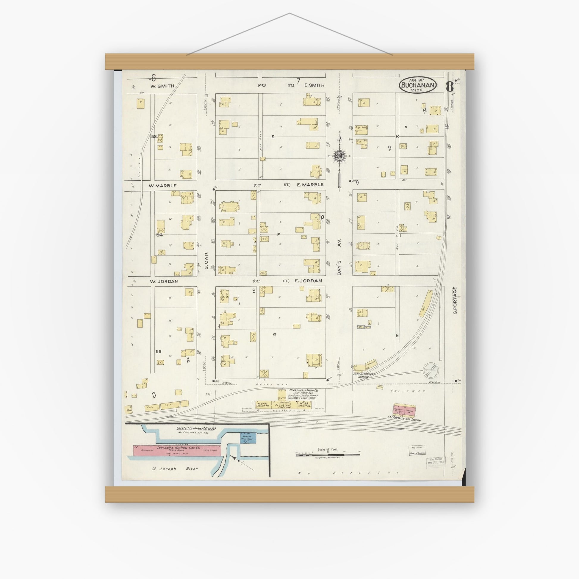 Old map wall art mockup — magnetic wood frame on white wall — Sanborn Fire Insurance Map from Buchanan, Berrien County, Michigan (1917), Sheet #0008