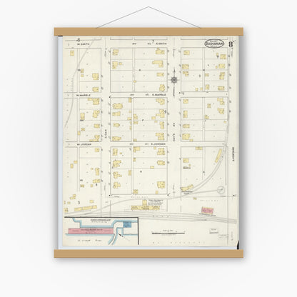 Old map wall art mockup — magnetic wood frame on white wall — Sanborn Fire Insurance Map from Buchanan, Berrien County, Michigan (1917), Sheet #0008