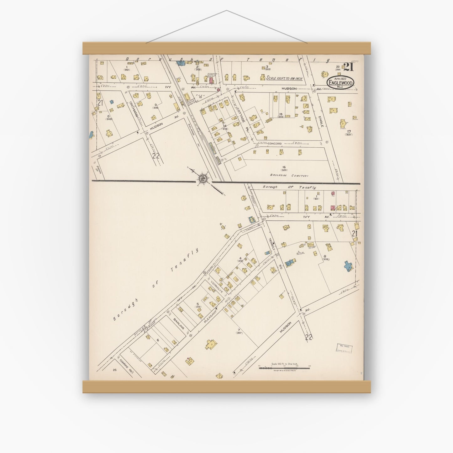 Old map wall art mockup — magnetic wood frame on white wall — Sanborn Fire Insurance Map from Englewood, Bergen County, New Jersey (1922), Sheet #0021