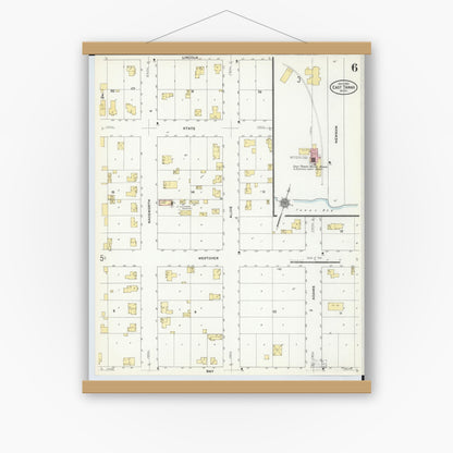Old map wall art mockup — magnetic wood frame on white wall — Sanborn Fire Insurance Map from East Tawas, Iosco County, Michigan (1910), Sheet #0006