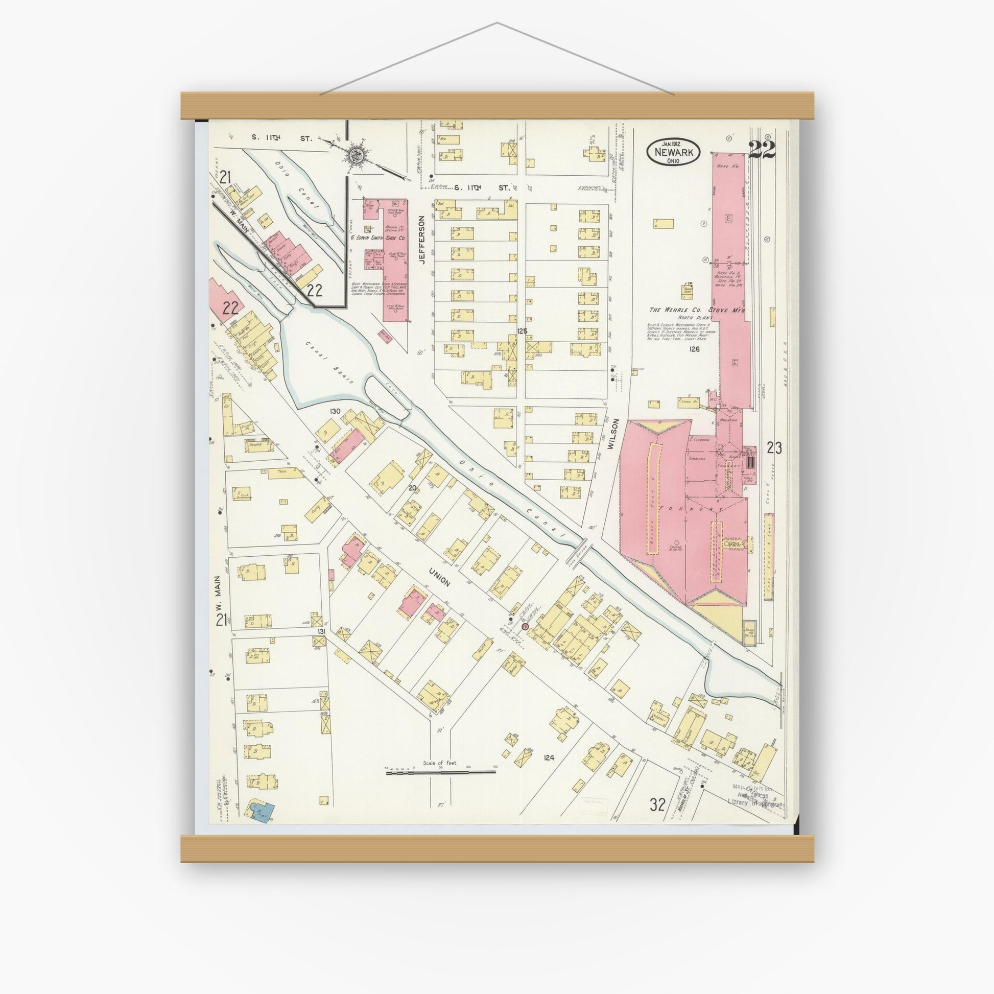 Old map wall art mockup — magnetic wood frame on white wall — Sanborn Fire Insurance Map from Newark, Licking County, Ohio (1912), Sheet #0022