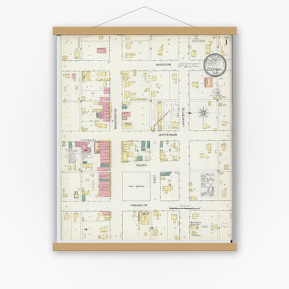 Old map wall art mockup — magnetic wood frame on white wall — Sanborn Fire Insurance Map from Clayton, Adams County, Illinois (1893) - Complete Map Set