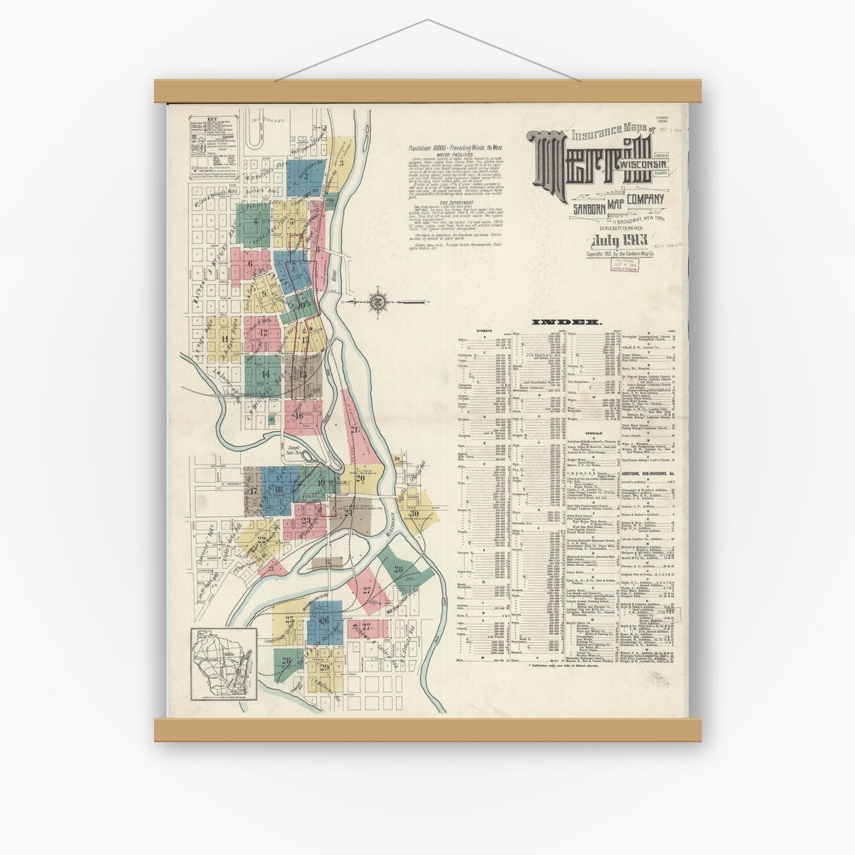 Old map wall art mockup — magnetic wood frame on white wall — Sanborn Fire Insurance Map from Merrill, Lincoln County, Wisconsin (1913), Sheet #0001