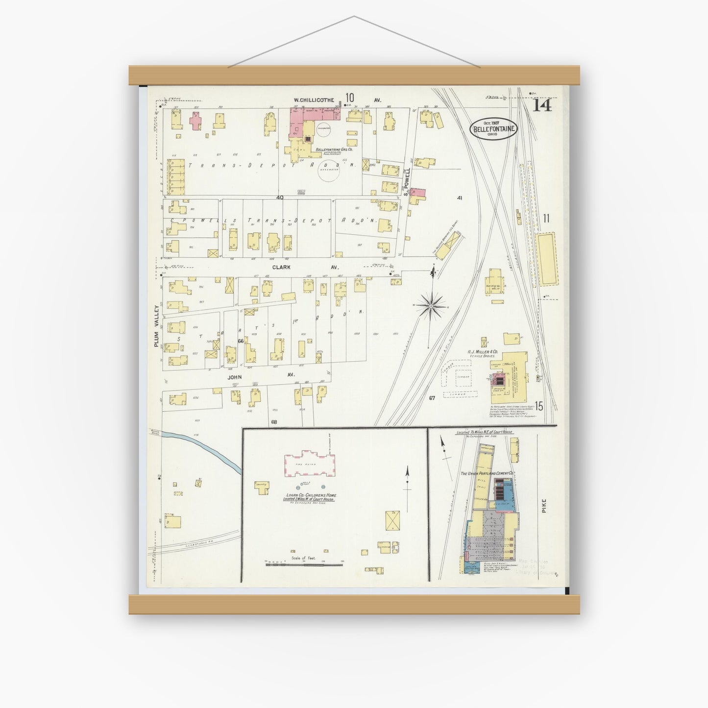 Old map wall art mockup — magnetic wood frame on white wall — Sanborn Fire Insurance Map from Bellefontaine, Logan County, Ohio (1907), Sheet #0014