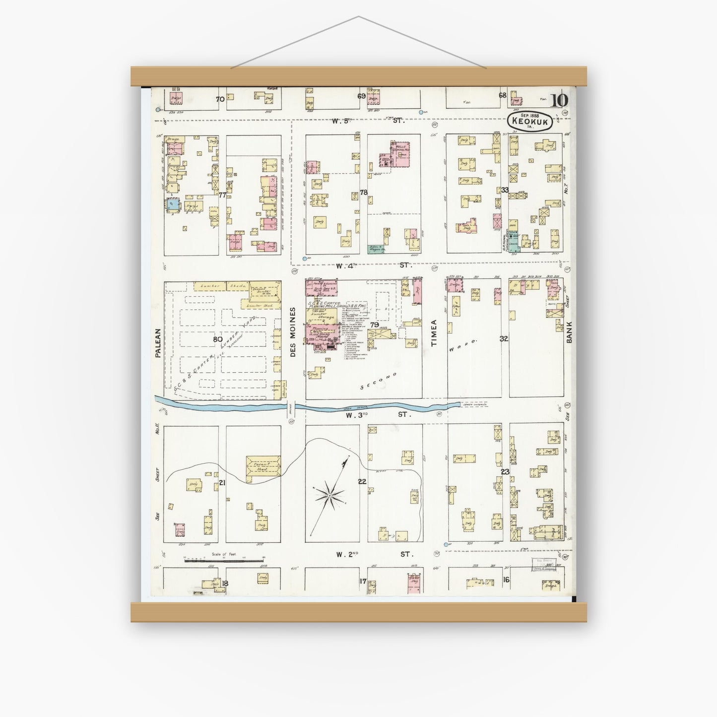 Old map wall art mockup — magnetic wood frame on white wall — Sanborn Fire Insurance Map from Keokuk, Lee County, Iowa (1888), Sheet #0010