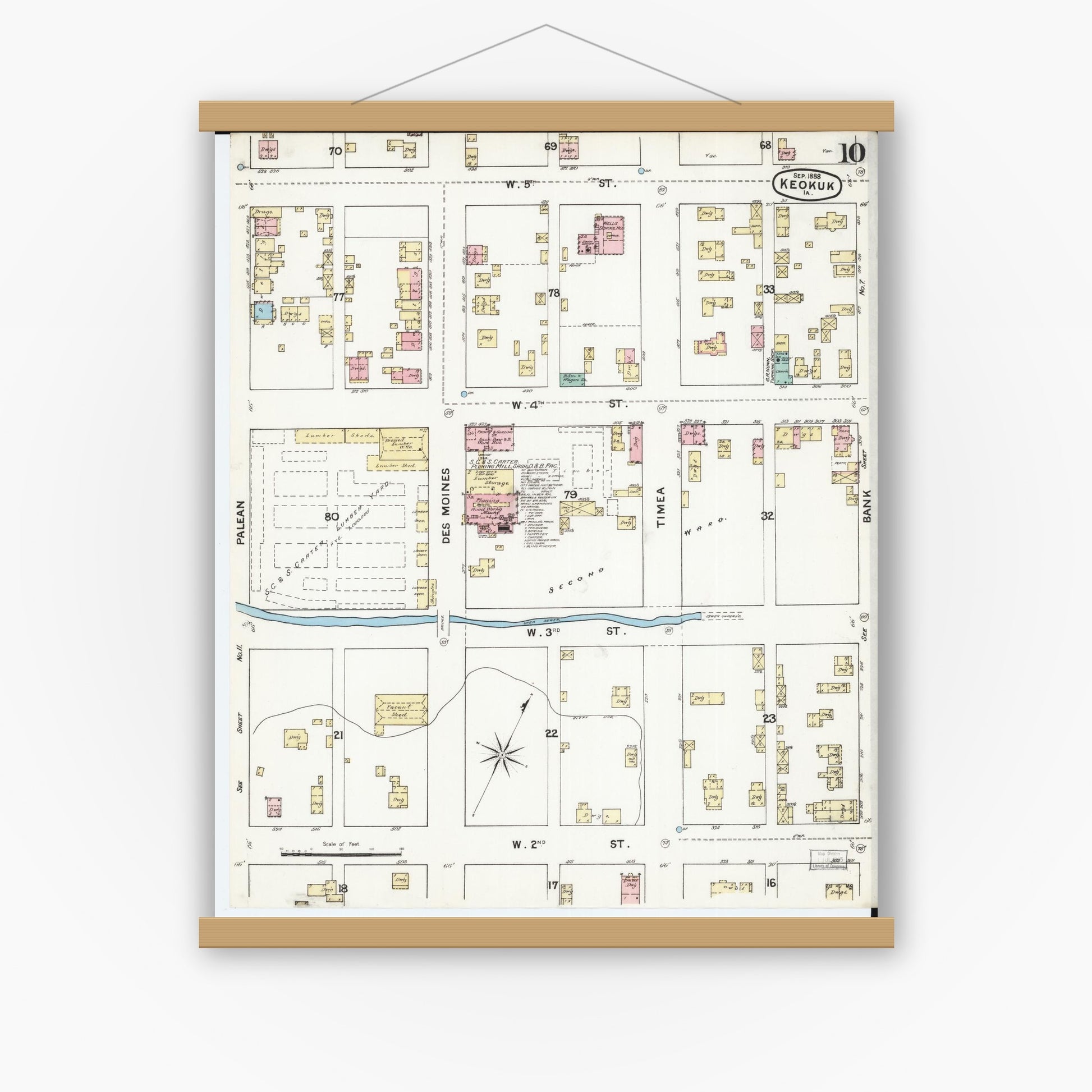 Old map wall art mockup — magnetic wood frame on white wall — Sanborn Fire Insurance Map from Keokuk, Lee County, Iowa (1888), Sheet #0010